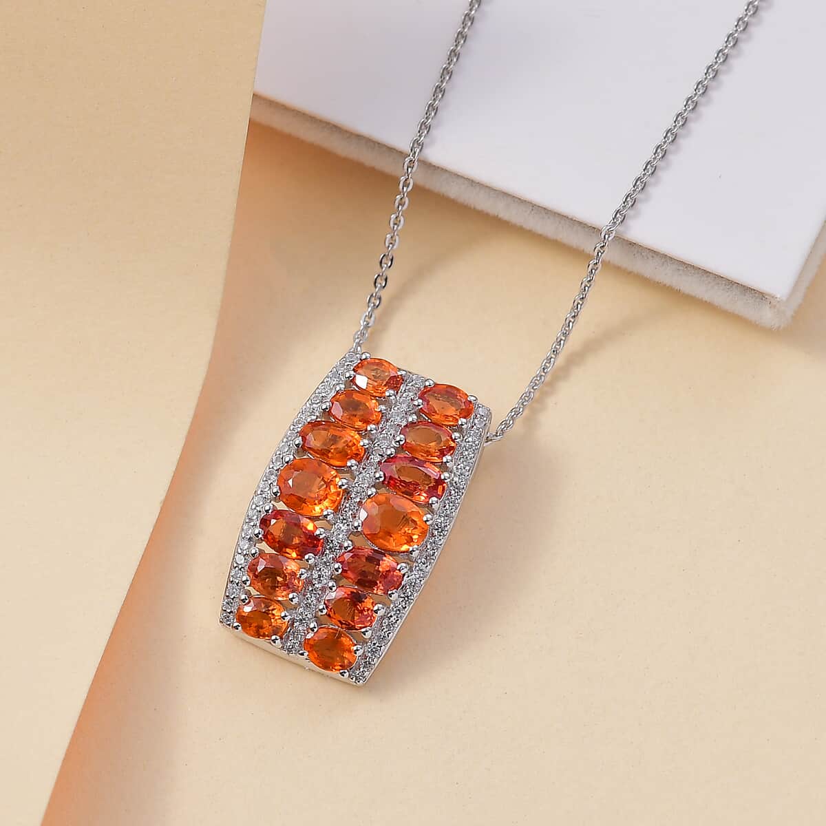 Orange Sapphire and White Zircon 4.80 ctw Pendant Necklace in Rhodium Over Sterling Silver 20 Inches image number 1