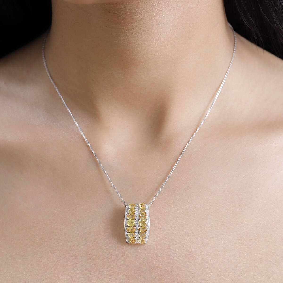 Madagascar Yellow Sapphire and White Zircon 5.00 ctw Pendant Necklace in Rhodium Over Sterling Silver 20 Inches image number 2