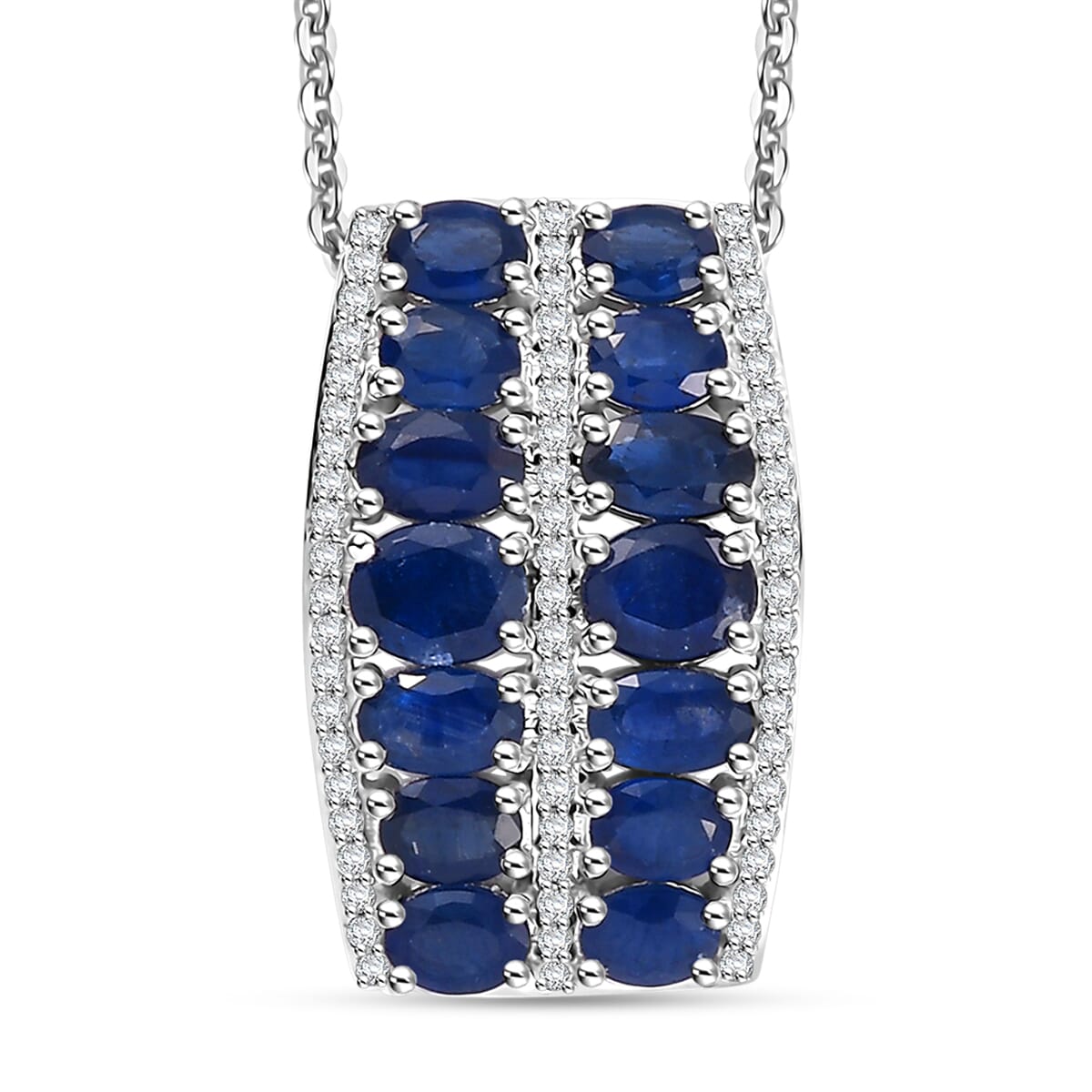 Kanchanaburi Blue Sapphire and White Zircon 4.10 ctw Pendant Necklace in Rhodium Over Sterling Silver 20 Inches image number 0