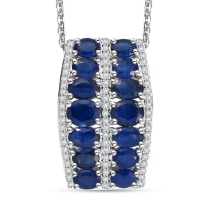 Kanchanaburi Blue Sapphire and White Zircon 4.10 ctw Pendant Necklace in Rhodium Over Sterling Silver 20 Inches
