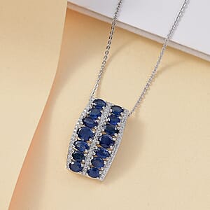 Kanchanaburi Blue Sapphire and White Zircon 4.10 ctw Pendant Necklace in Rhodium Over Sterling Silver 20 Inches