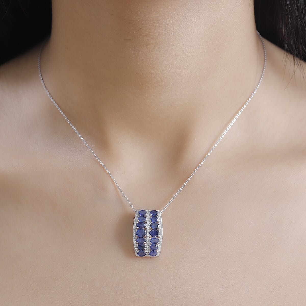 Kanchanaburi Blue Sapphire and White Zircon 4.10 ctw Pendant Necklace in Rhodium Over Sterling Silver 20 Inches image number 2