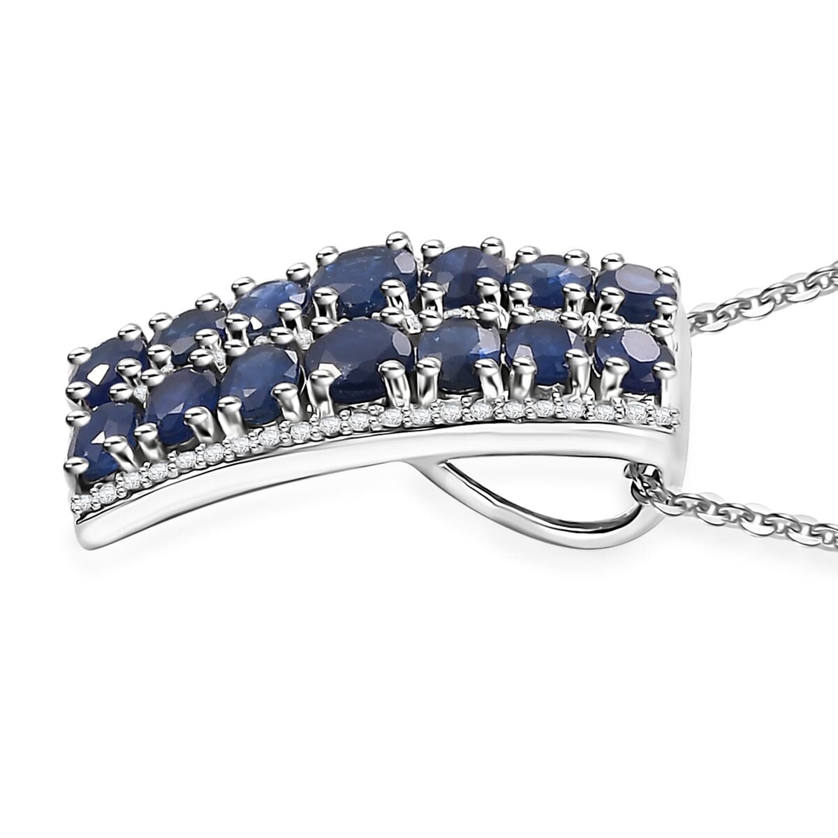 Kanchanaburi Blue Sapphire and White Zircon 4.10 ctw Pendant Necklace in Rhodium Over Sterling Silver 20 Inches image number 3
