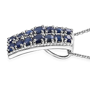 Kanchanaburi Blue Sapphire and White Zircon 4.10 ctw Pendant Necklace in Rhodium Over Sterling Silver 20 Inches