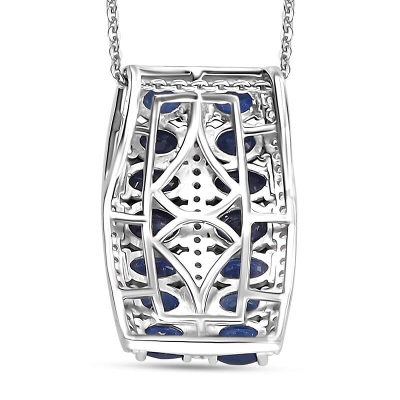 Kanchanaburi Blue Sapphire and White Zircon 4.10 ctw Pendant Necklace in Rhodium Over Sterling Silver 20 Inches