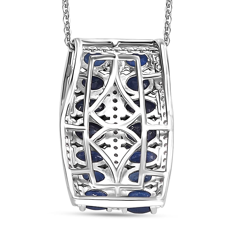 Kanchanaburi Blue Sapphire and White Zircon 4.10 ctw Pendant Necklace in Rhodium Over Sterling Silver 20 Inches