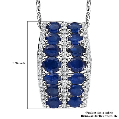 Kanchanaburi Blue Sapphire and White Zircon 4.10 ctw Pendant Necklace in Rhodium Over Sterling Silver 20 Inches