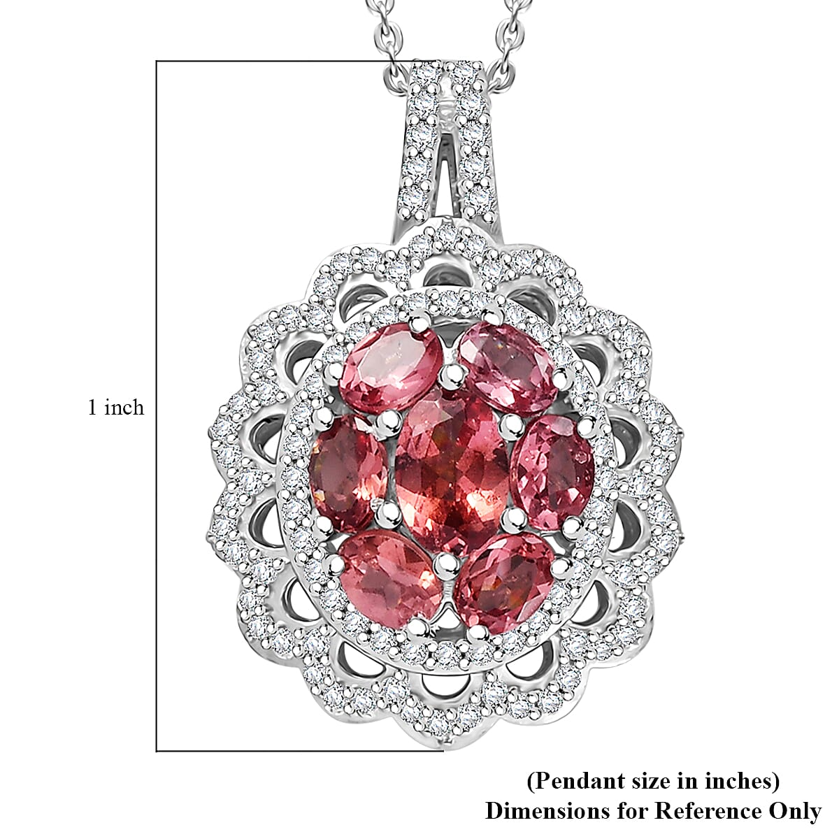 Premium Tanzanian Blush Garnet and Moissanite 2.40 ctw Flower Pendant Necklace in Rhodium Over Sterling Silver 20 Inches