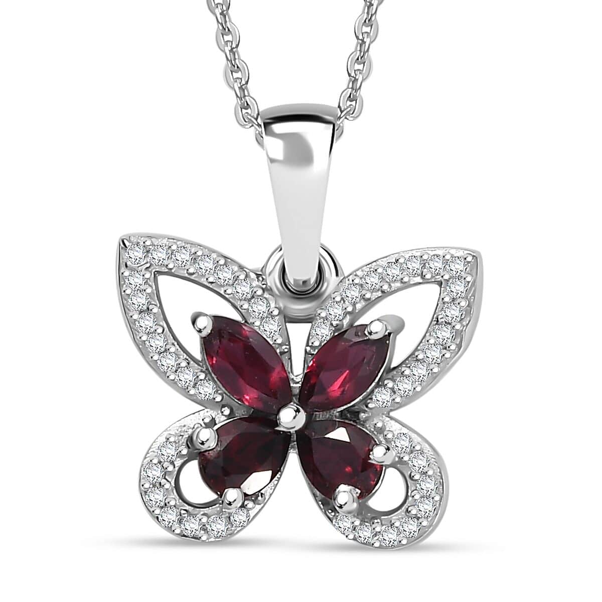 Premium Anthill Garnet and White Zircon 1.00 ctw Butterfly Pendant Necklace in Rhodium Over Sterling Silver 20 Inches image number 0