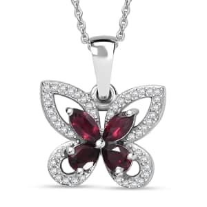 Premium Anthill Garnet and White Zircon 1.00 ctw Butterfly Pendant Necklace in Rhodium Over Sterling Silver 20 Inches