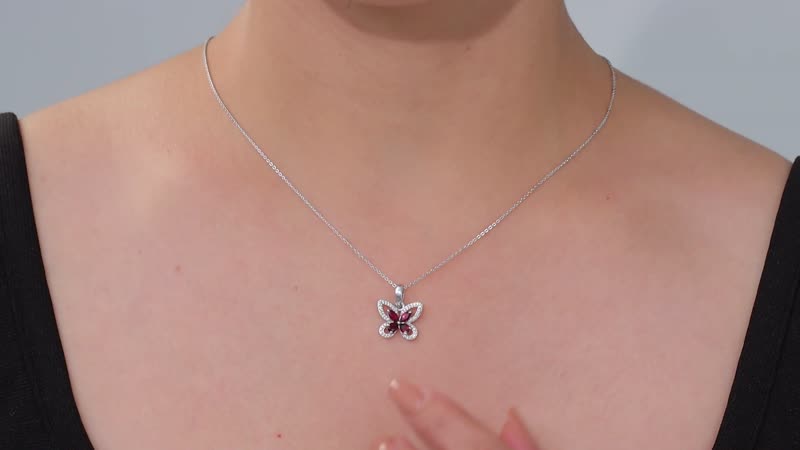 Premium Anthill Garnet and White Zircon 1.00 ctw Butterfly Pendant Necklace in Rhodium Over Sterling Silver 20 Inches