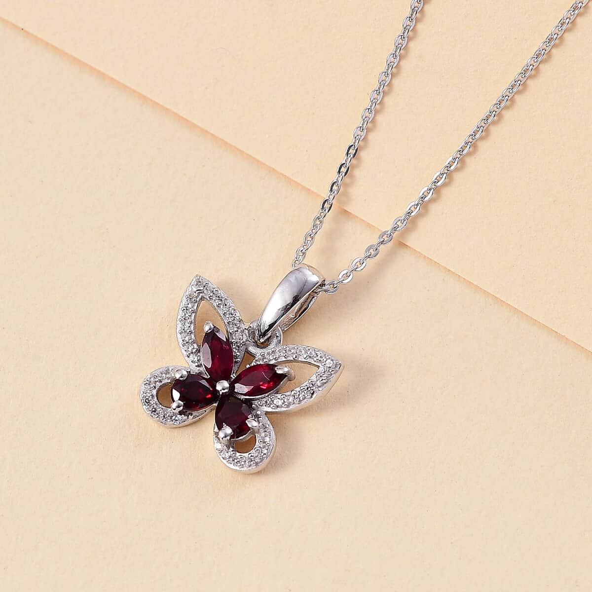 Premium Anthill Garnet and White Zircon 1.00 ctw Butterfly Pendant Necklace in Rhodium Over Sterling Silver 20 Inches image number 1