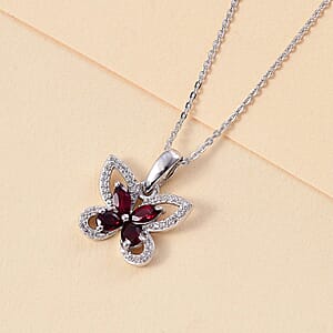 Premium Anthill Garnet and White Zircon 1.00 ctw Butterfly Pendant Necklace in Rhodium Over Sterling Silver 20 Inches