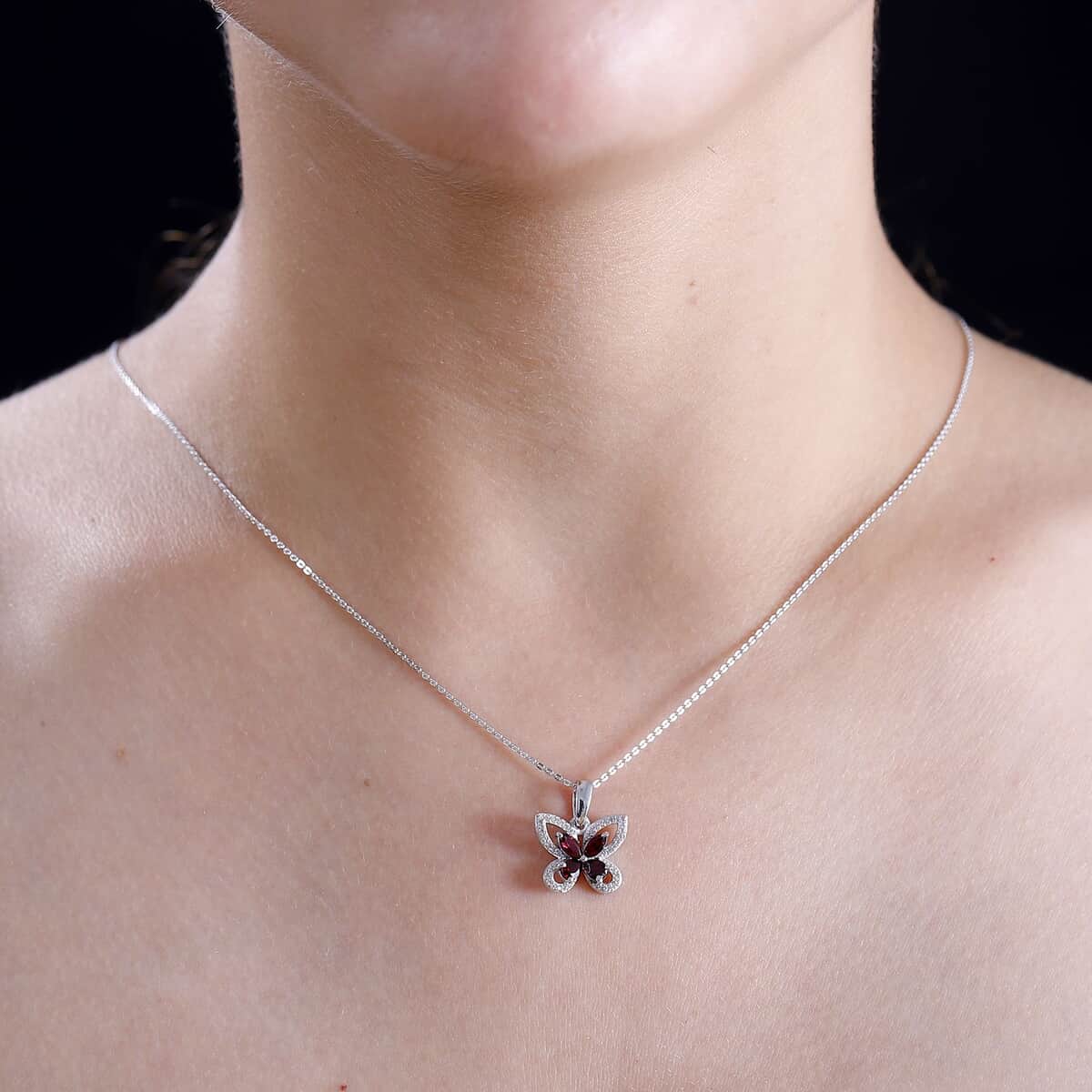 Premium Anthill Garnet and White Zircon 1.00 ctw Butterfly Pendant Necklace in Rhodium Over Sterling Silver 20 Inches image number 2