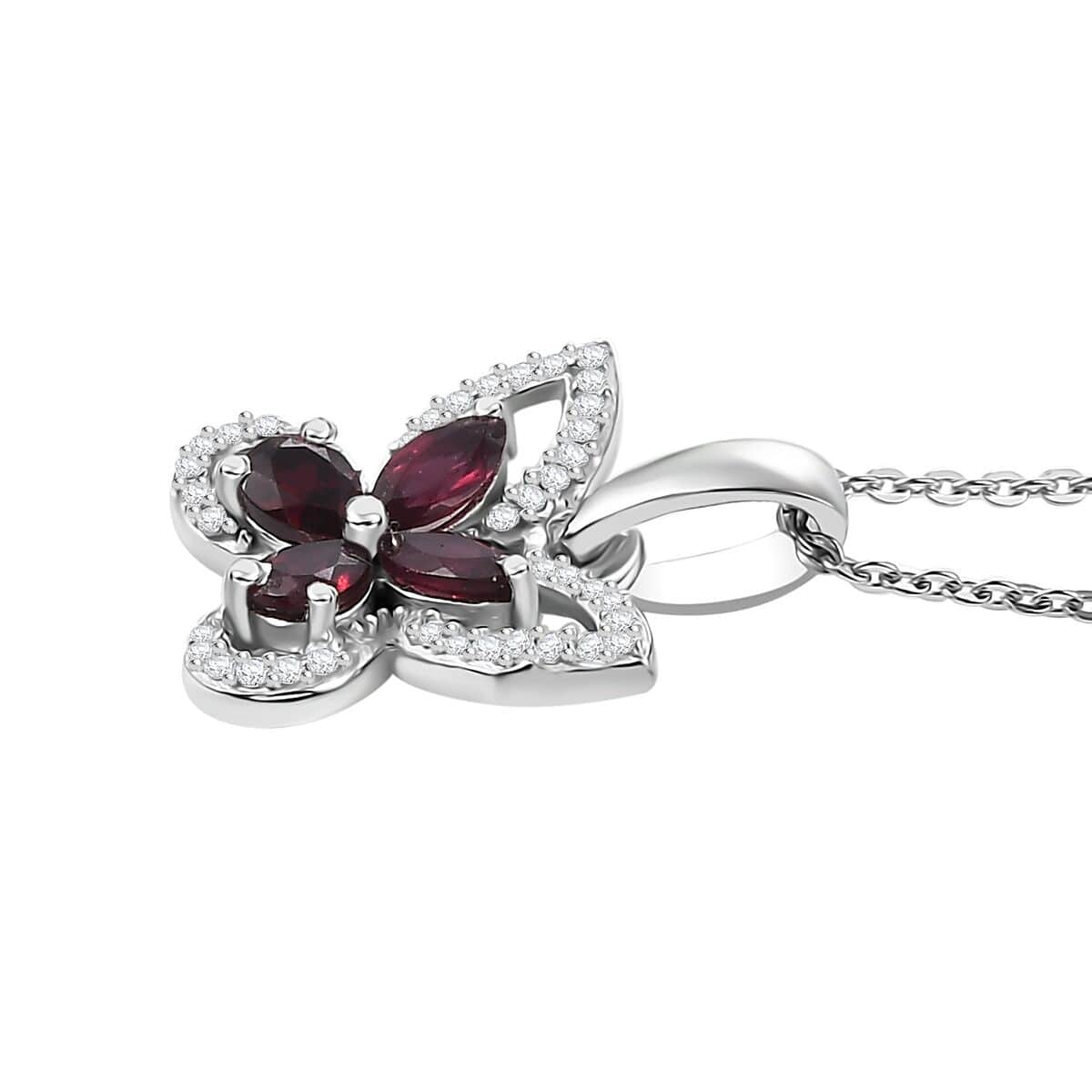 Premium Anthill Garnet and White Zircon 1.00 ctw Butterfly Pendant Necklace in Rhodium Over Sterling Silver 20 Inches image number 3