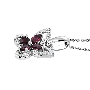 Premium Anthill Garnet and White Zircon 1.00 ctw Butterfly Pendant Necklace in Rhodium Over Sterling Silver 20 Inches