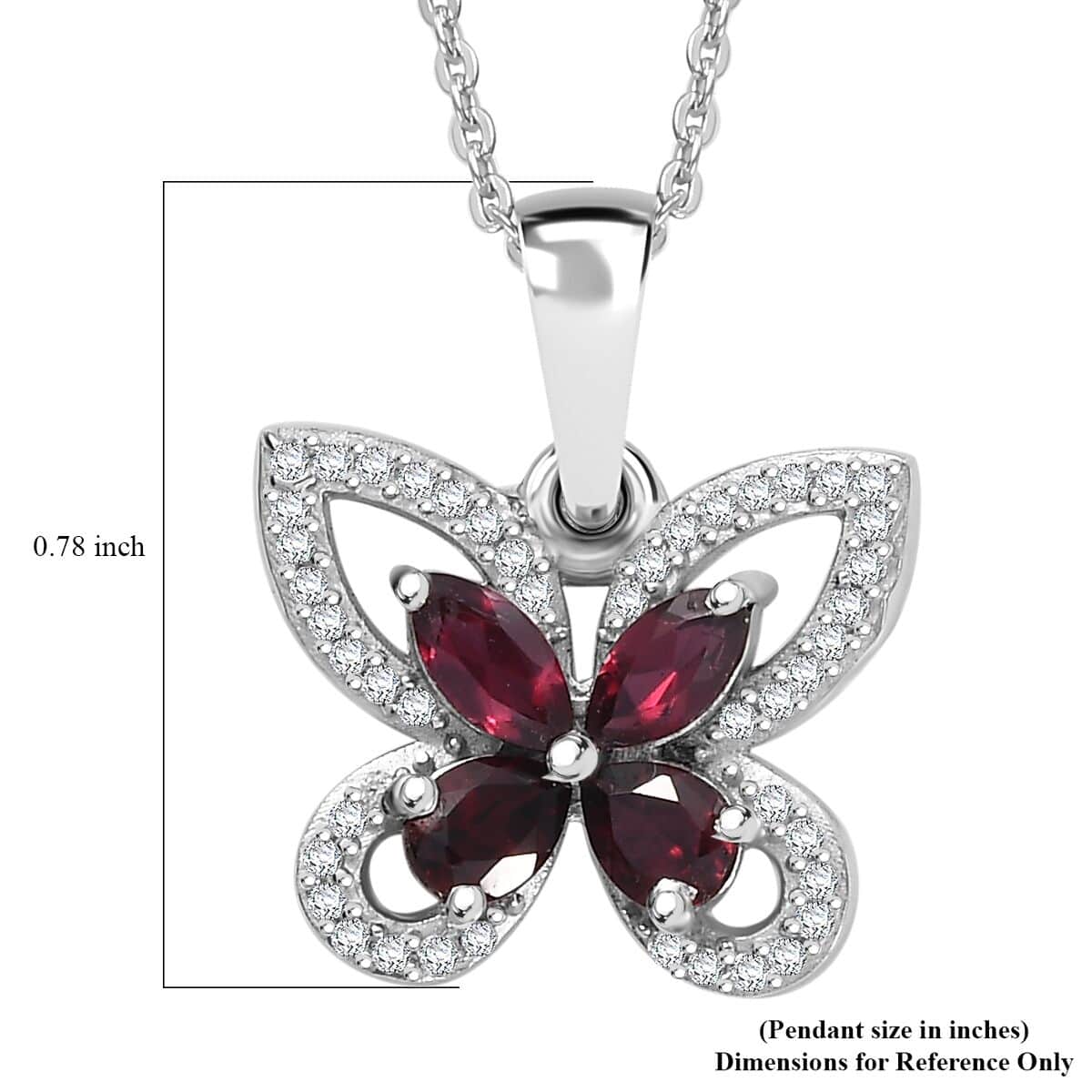 Premium Anthill Garnet and White Zircon 1.00 ctw Butterfly Pendant Necklace in Rhodium Over Sterling Silver 20 Inches image number 5