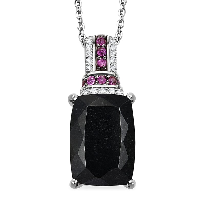 California Black Jade and Multi Gemstone 8.80 ctw Elegant Pendant Necklace in Rhodium Over Sterling Silver 20 Inches