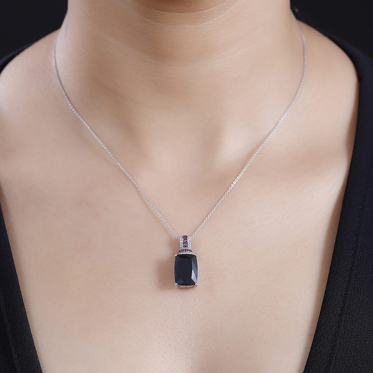 California Black Jade and Multi Gemstone 8.80 ctw Elegant Pendant Necklace in Rhodium Over Sterling Silver 20 Inches image number 2