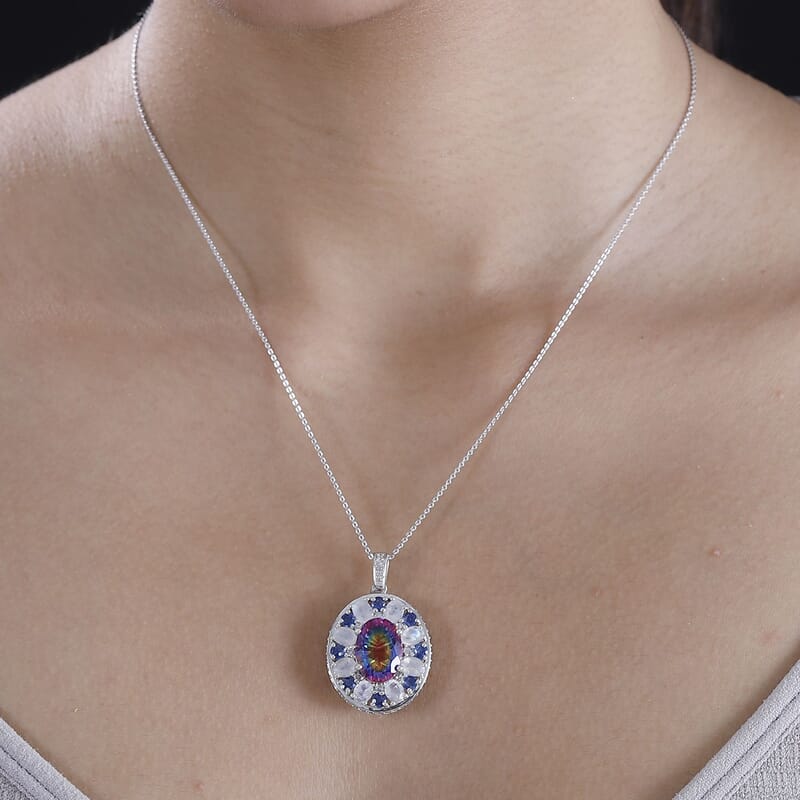 Nebula Quartz Doublet and Multi Gemstone 12.90 ctw Celestial Orbit Pendant Necklace in Rhodium Over Sterling Silver 20 Inches