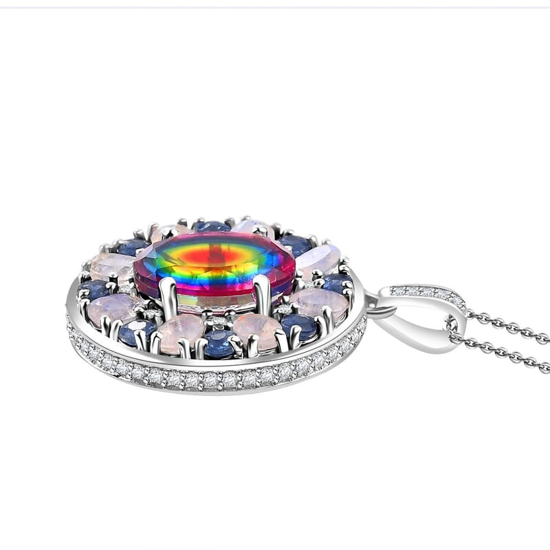 Nebula Quartz Doublet and Multi Gemstone 12.90 ctw Celestial Orbit Pendant Necklace in Rhodium Over Sterling Silver 20 Inches
