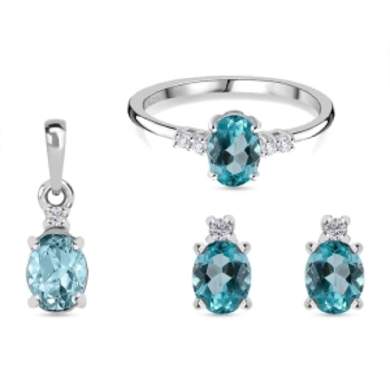 Lagoon Apatite and White Zircon 3.50 ctw Earrings, Ring (Size 8.) and Pendant in Rhodium Over Sterling Silver