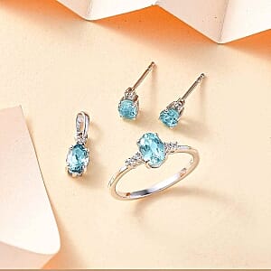 Lagoon Apatite and White Zircon 3.50 ctw Earrings, Ring (Size 8.) and Pendant in Rhodium Over Sterling Silver