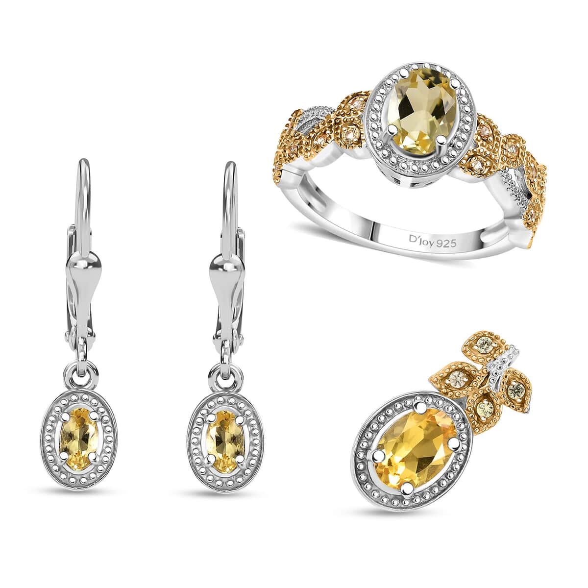 Brazilian Heliodor and Yellow Sapphire 2.00 ctw Scarlet Bloom Earrings, Ring (Size 7.0), Pendant in Rhodium Over Sterling Silver with Stainless Steel Necklace 20 Inches image number 0