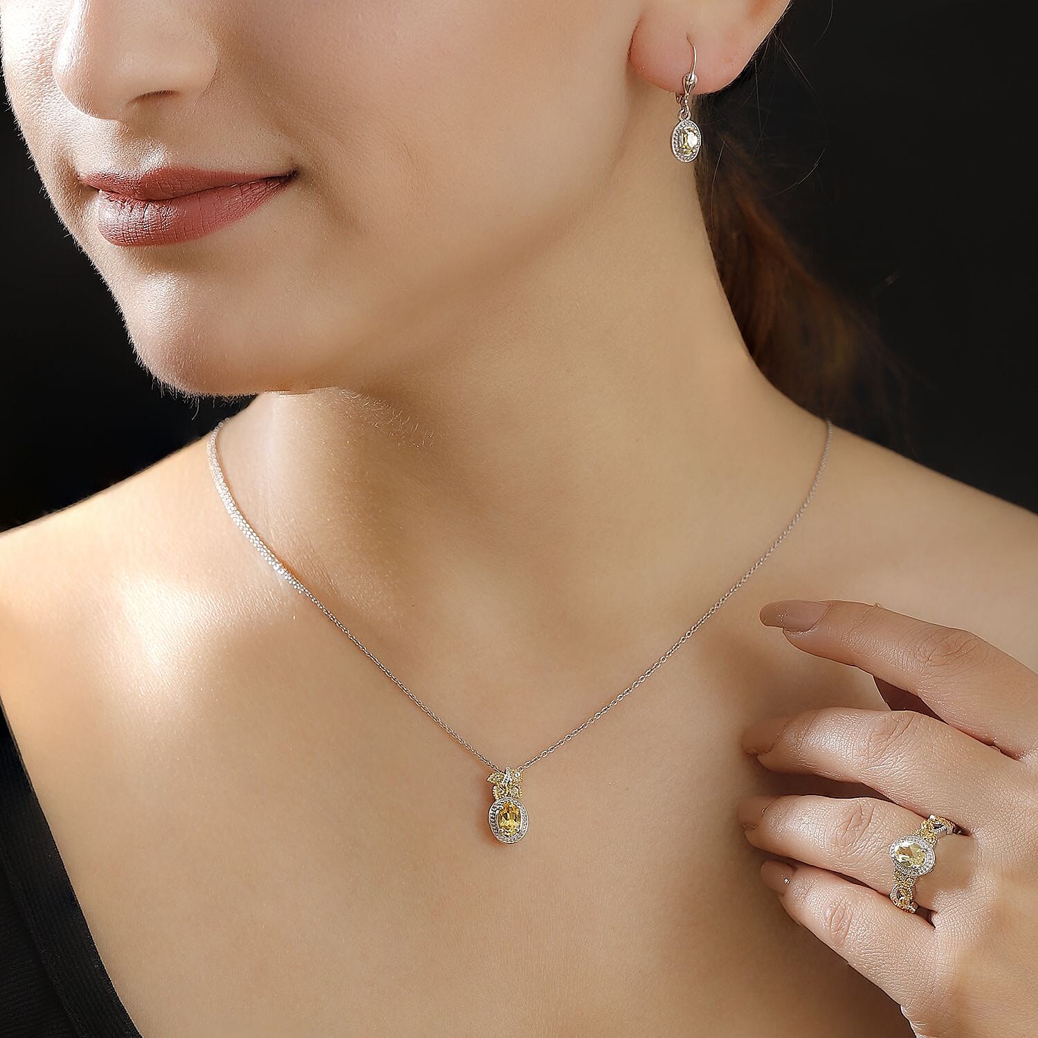 Brazilian Heliodor and Yellow Sapphire 2.00 ctw Scarlet Bloom Earrings, Ring (Size 7.0), Pendant in Rhodium Over Sterling Silver with Stainless Steel Necklace 20 Inches