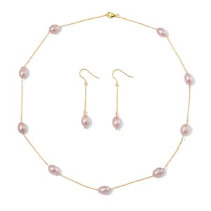 Multi Color Freshwater Pearl Necklace and Earrings in 14K Yellow Gold Over Sterling Silver 20 Inches