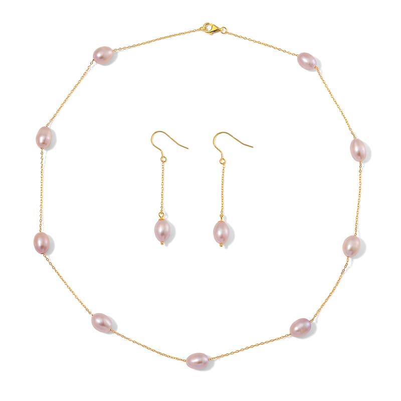 Multi Color Freshwater Pearl Station Necklace and Dangle Earrings in 14K Yellow Gold Over Sterling Silver 20 Inches