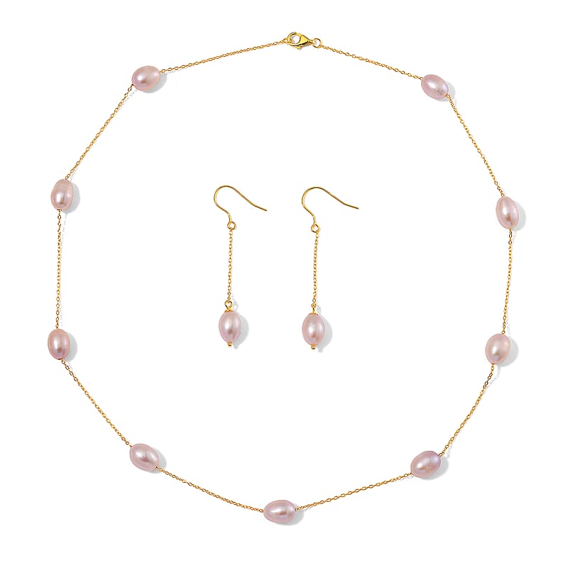 Multi Color Freshwater Pearl Station Necklace and Dangle Earrings in 14K Yellow Gold Over Sterling Silver 20 Inches