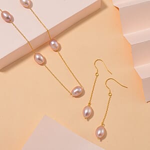 Multi Color Freshwater Pearl Station Necklace and Dangle Earrings in 14K Yellow Gold Over Sterling Silver 20 Inches