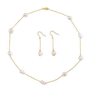 White Freshwater Pearl Station Necklace and Dangle Earrings in 14K Yellow Gold Over Sterling Silver 20 Inches