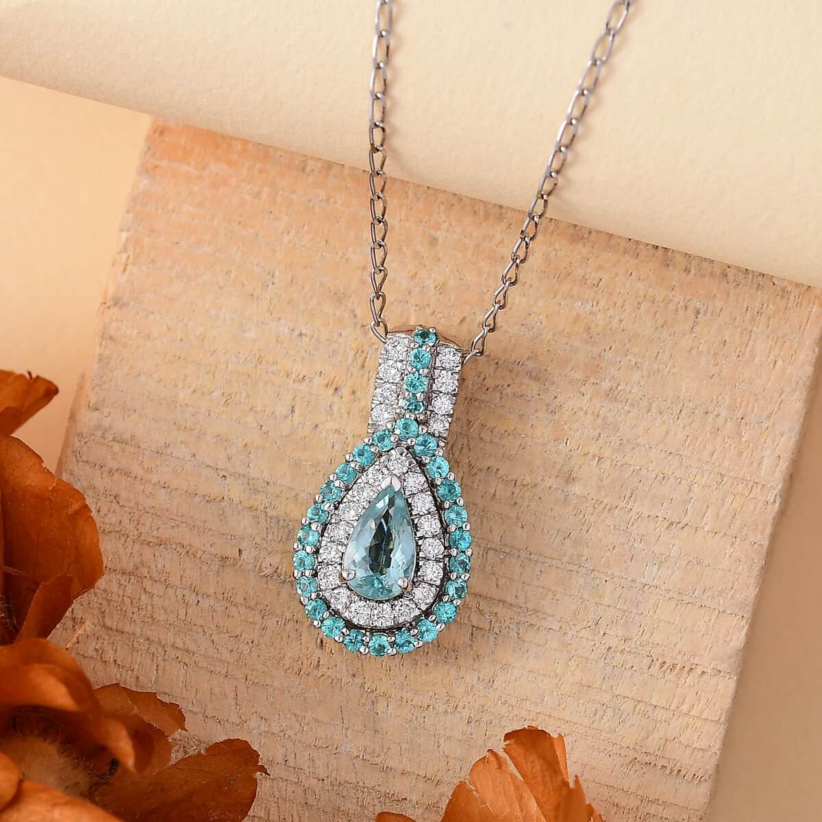 Rhapsody AAAA Paraiba Tourmaline and E-F VS Diamond 1.28 ctw Pendant Necklace in 950 Platinum 4.01 Grams 18 Inches image number 1