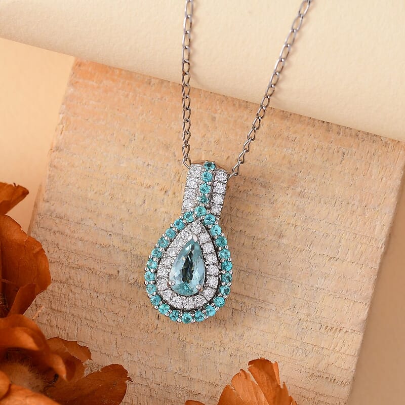 Rhapsody AAAA Paraiba Tourmaline and E-F VS Diamond 1.28 ctw Pendant Necklace in 950 Platinum 4.01 Grams 18 Inches