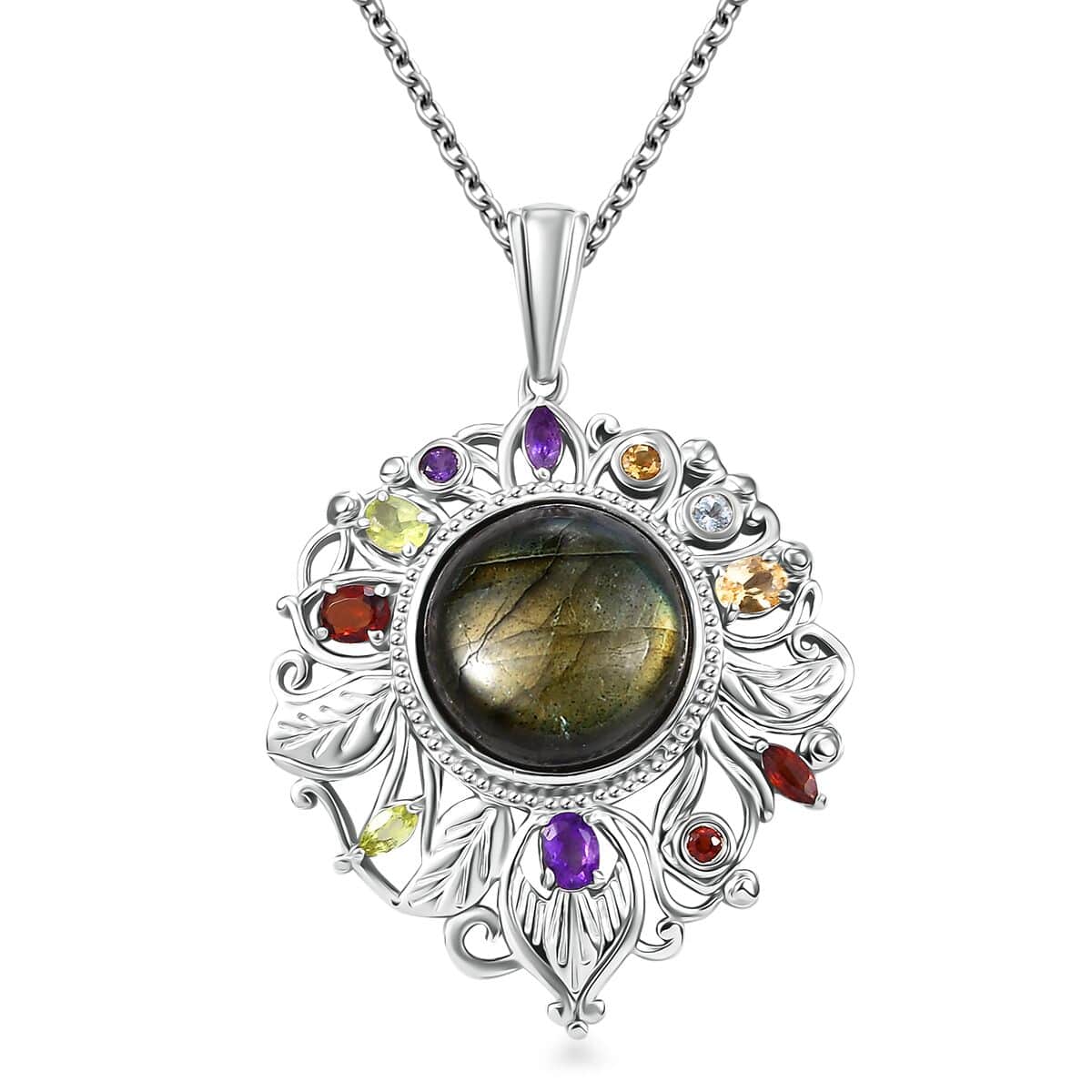 Karis Malagasy Labradorite and Multi Gemstone 12.20 ctw Pendant in Platinum Bond with Stainless Steel Necklace 20 Inches image number 0