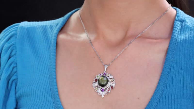 Karis Malagasy Labradorite and Multi Gemstone 12.20 ctw Pendant in Platinum Bond with Stainless Steel Necklace 20 Inches