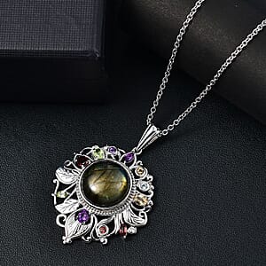 Karis Malagasy Labradorite and Multi Gemstone 12.20 ctw Pendant in Platinum Bond with Stainless Steel Necklace 20 Inches
