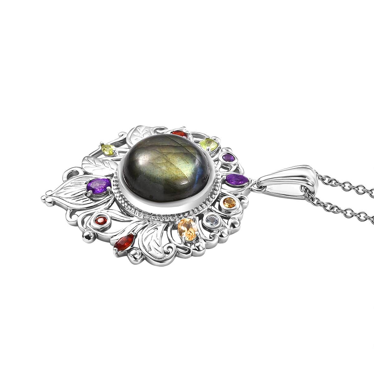 Karis Malagasy Labradorite and Multi Gemstone 12.20 ctw Pendant in Platinum Bond with Stainless Steel Necklace 20 Inches image number 3