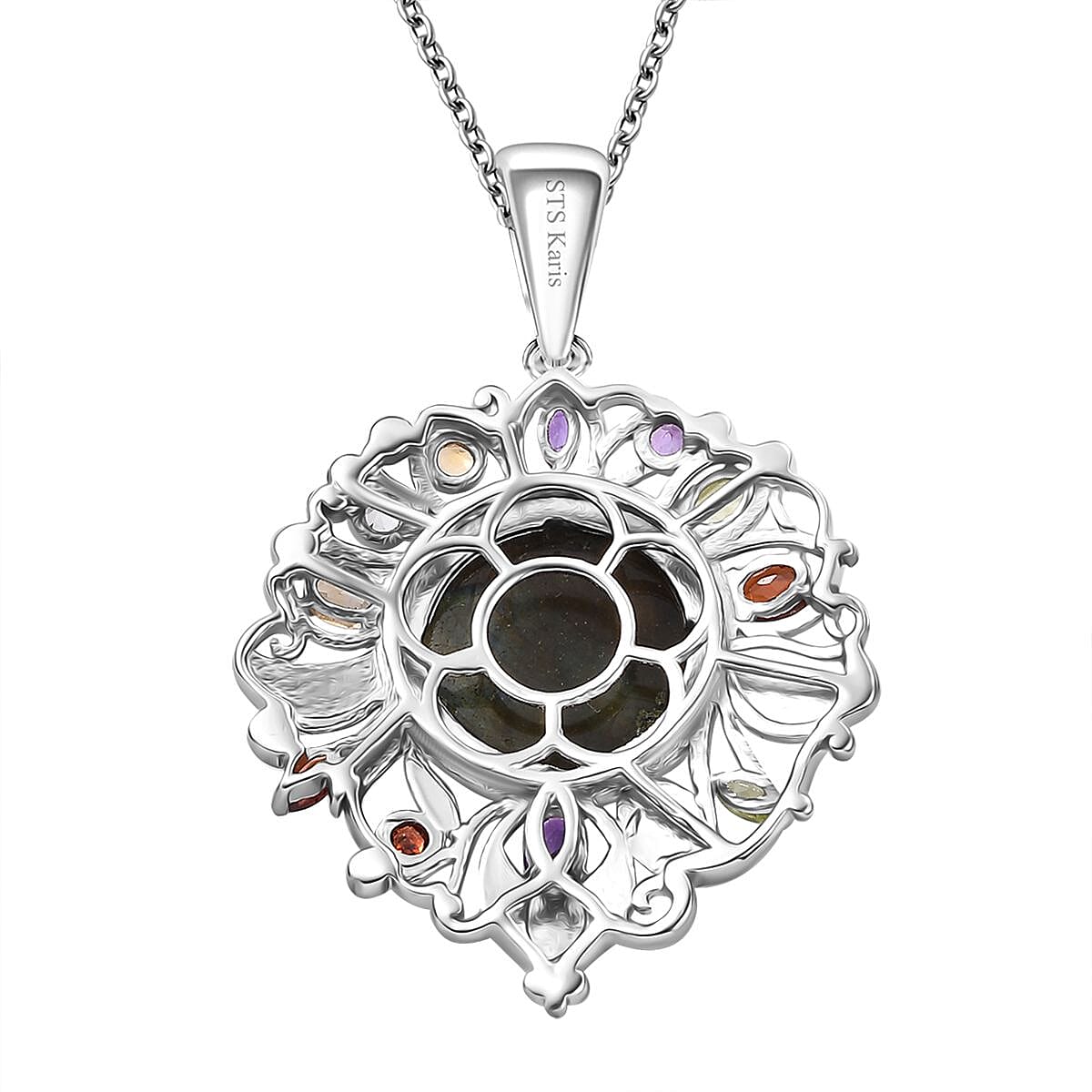 Karis Malagasy Labradorite and Multi Gemstone 12.20 ctw Pendant in Platinum Bond with Stainless Steel Necklace 20 Inches