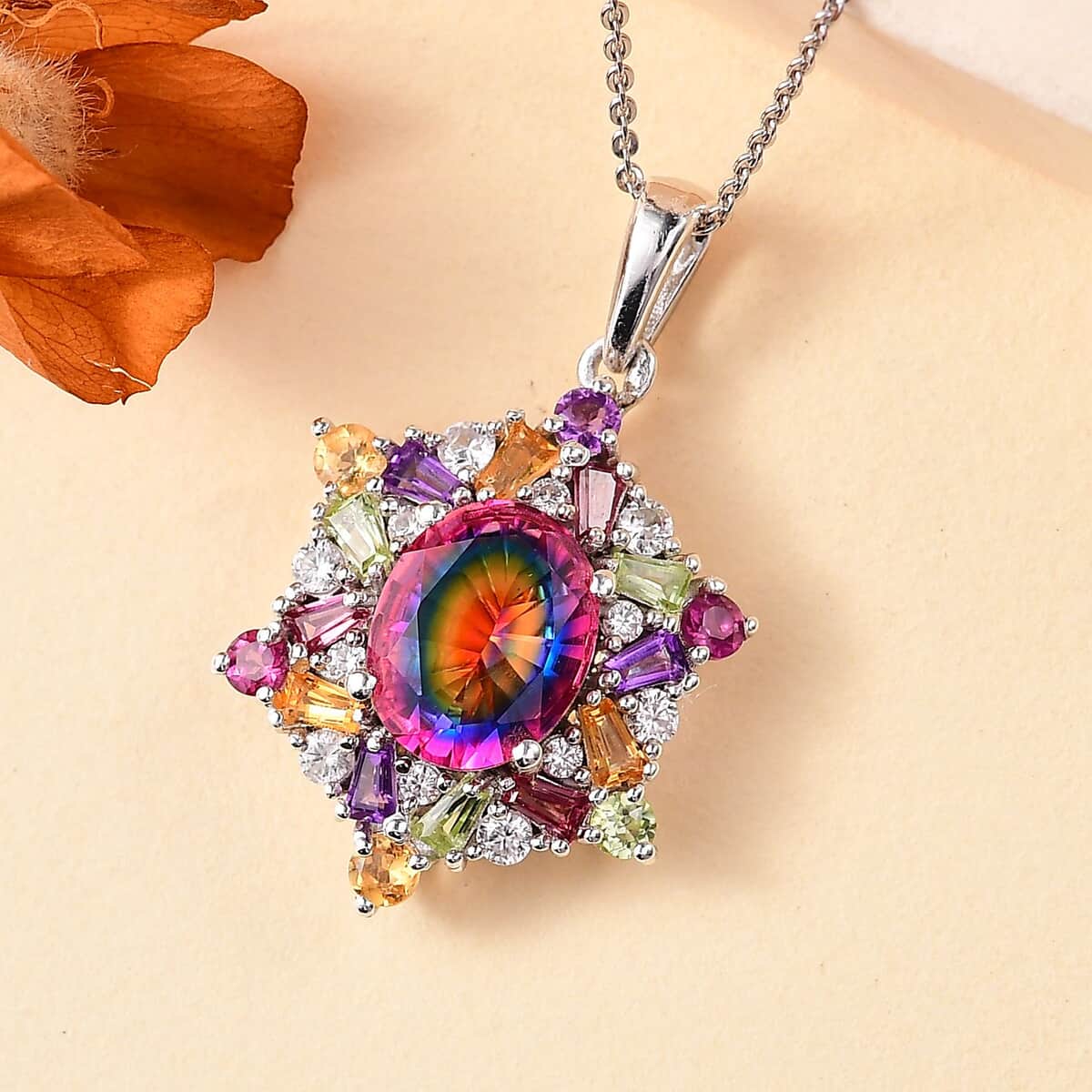 Nebula Quartz Doublet and Multi Gemstone 3.85 ctw Star Pendant Necklace in Rhodium Over Sterling Silver 20 Inches image number 1