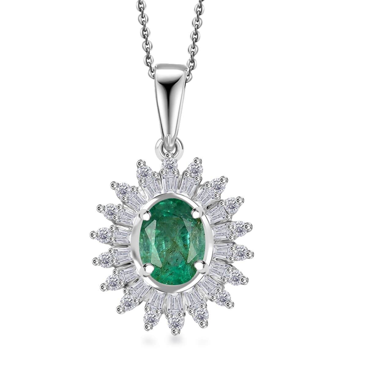 Premium Kagem Zambian Emerald and Moissanite 1.75 ctw Starburst Halo Pendant Necklace in Rhodium Over Sterling Silver 20 Inches image number 0