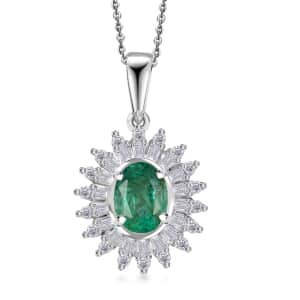 Premium Kagem Zambian Emerald and Moissanite 1.75 ctw Starburst Halo Pendant Necklace in Rhodium Over Sterling Silver 20 Inches