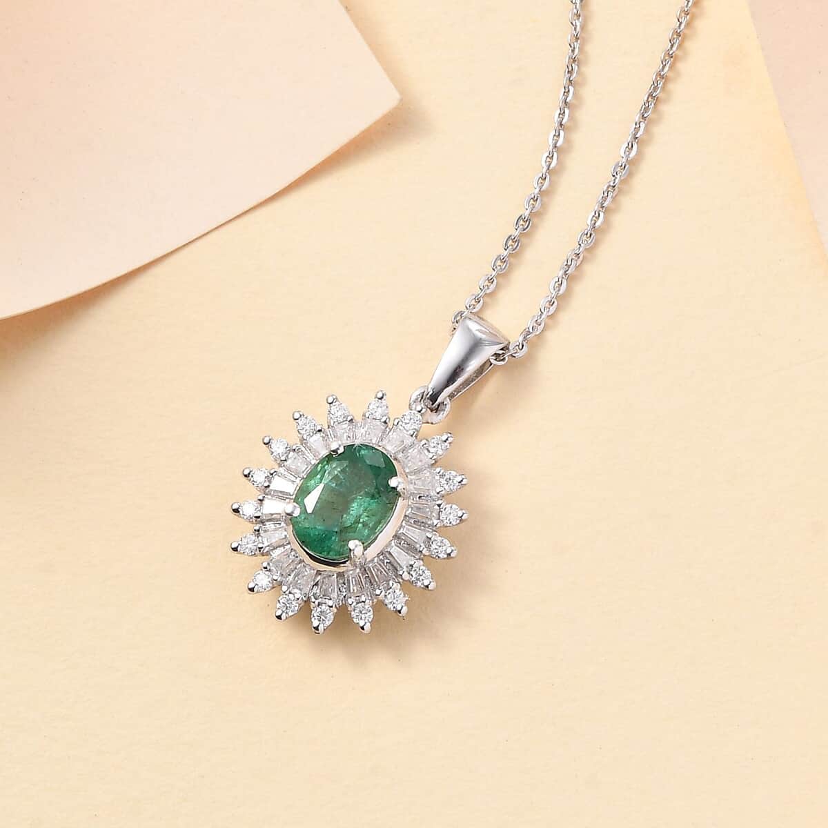 Premium Kagem Zambian Emerald and Moissanite 1.75 ctw Starburst Halo Pendant Necklace in Rhodium Over Sterling Silver 20 Inches image number 1