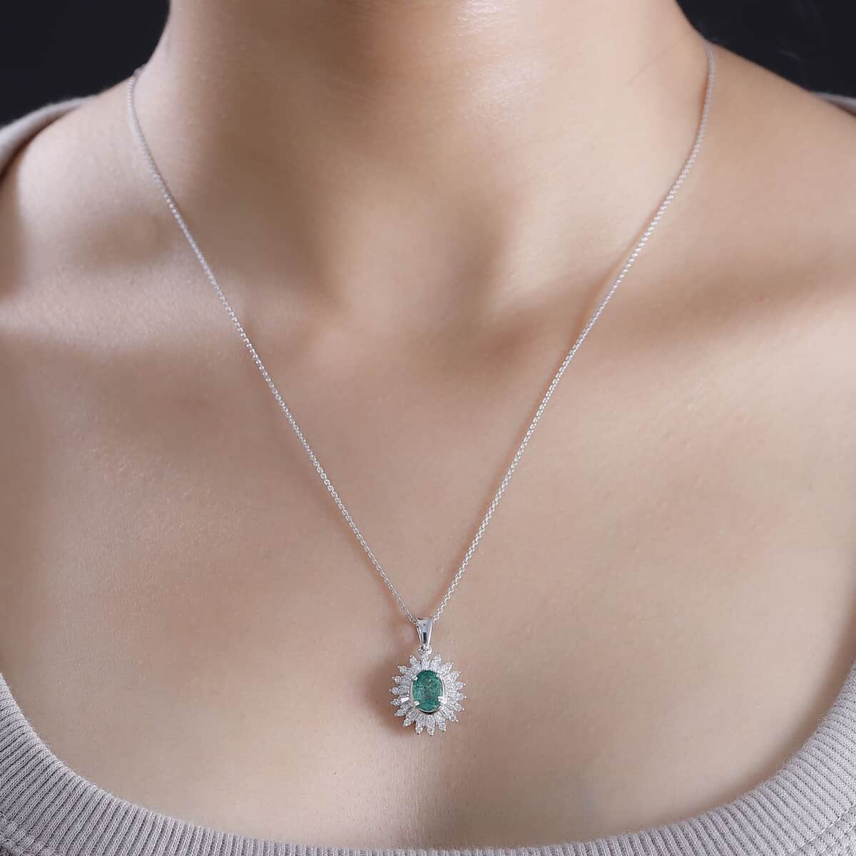 Premium Kagem Zambian Emerald and Moissanite 1.75 ctw Starburst Halo Pendant Necklace in Rhodium Over Sterling Silver 20 Inches image number 2