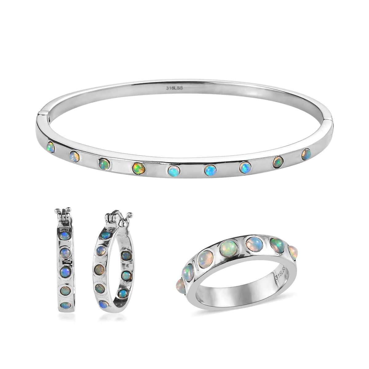 Ethiopian Welo Opal 1.90 ctw Band Ring (Size 5.0), Earrings and Bangle Bracelet (7.25 In) in Stainless Steel image number 0