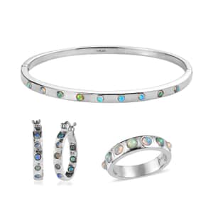 Ethiopian Welo Opal 1.90 ctw Band Ring (Size 5.0), Earrings and Bangle Bracelet (7.25 In) in Stainless Steel