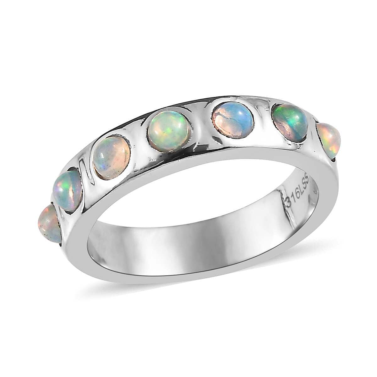 Ethiopian Welo Opal 1.90 ctw Band Ring (Size 5.0), Earrings and Bangle Bracelet (7.25 In) in Stainless Steel