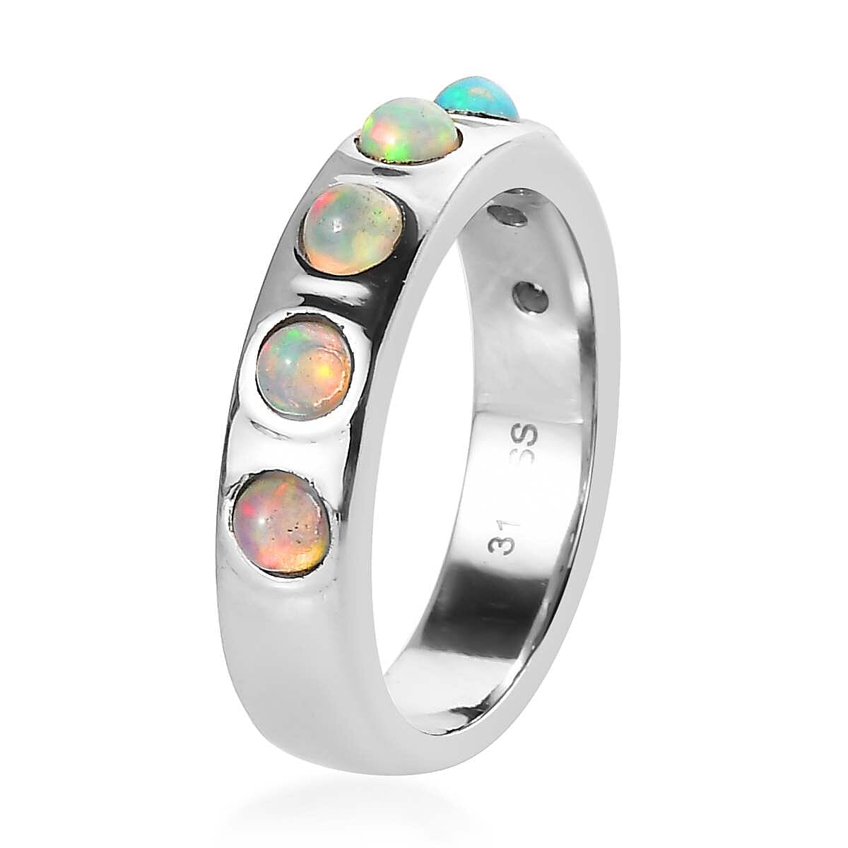 Ethiopian Welo Opal 1.90 ctw Band Ring (Size 5.0), Earrings and Bangle Bracelet (7.25 In) in Stainless Steel